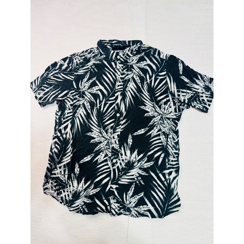 Amnesia Mens Black White Tropical Palm Leaf Rayon Button Down Shirt Medium